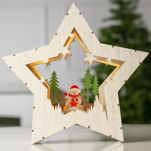 Фигура деревянная "Звезда Снеговик" на батарейках