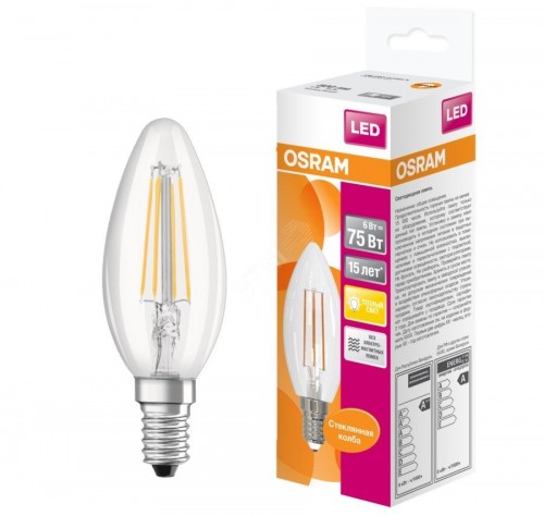 Светодиодная лампа Свеча E14 6Вт Филамент Osram